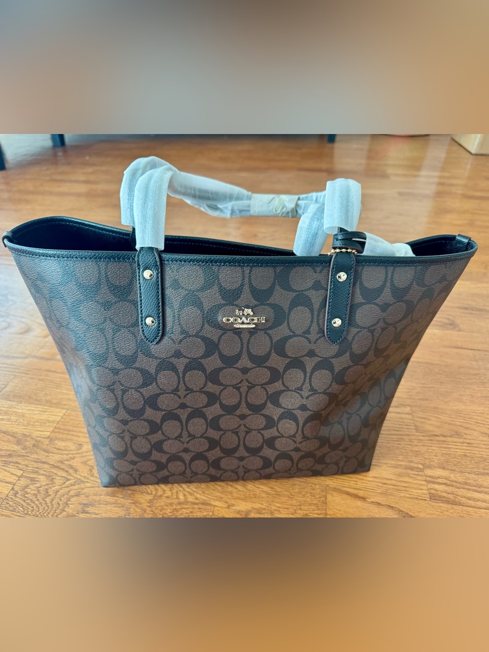 Coach City Tote Bag in Brown Signature Canvas with Black Trim